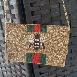 NWT Honey Bee Hand beaded clutch or crossbody with chain strap